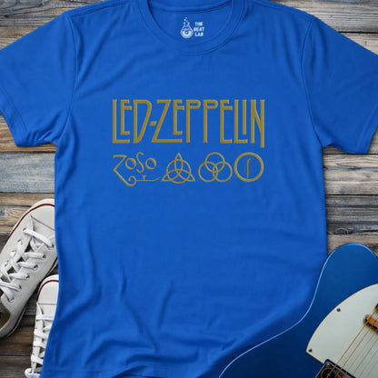 Royal blue color adult unisex t-shirt gildan 64000 of Led Zeppelin Zoso symbols t-shirt with gold LED ZEPPELIN text and four iconic band symbols across the chest.