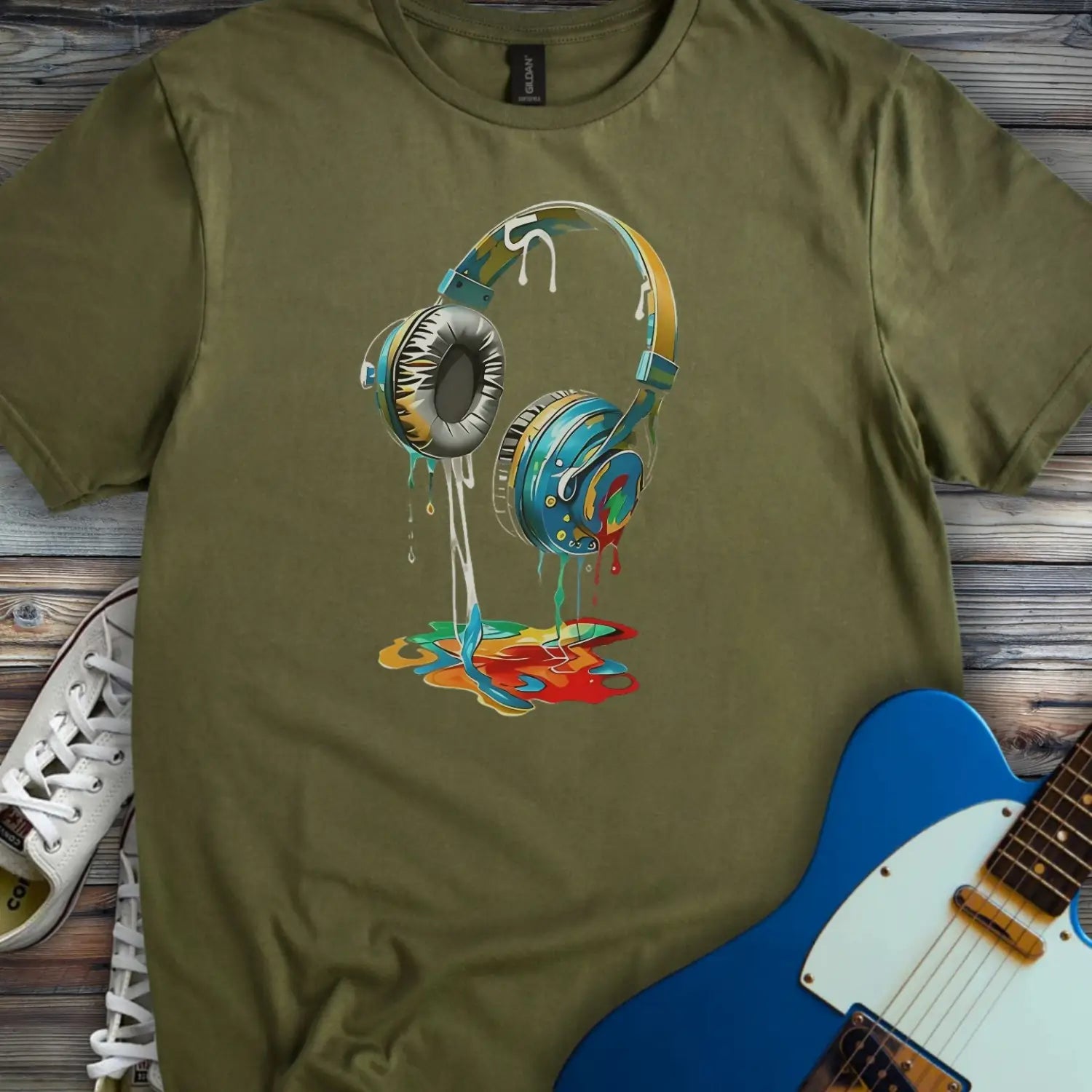 Melting Headphones T-shirt - Military Green / S - T-Shirt