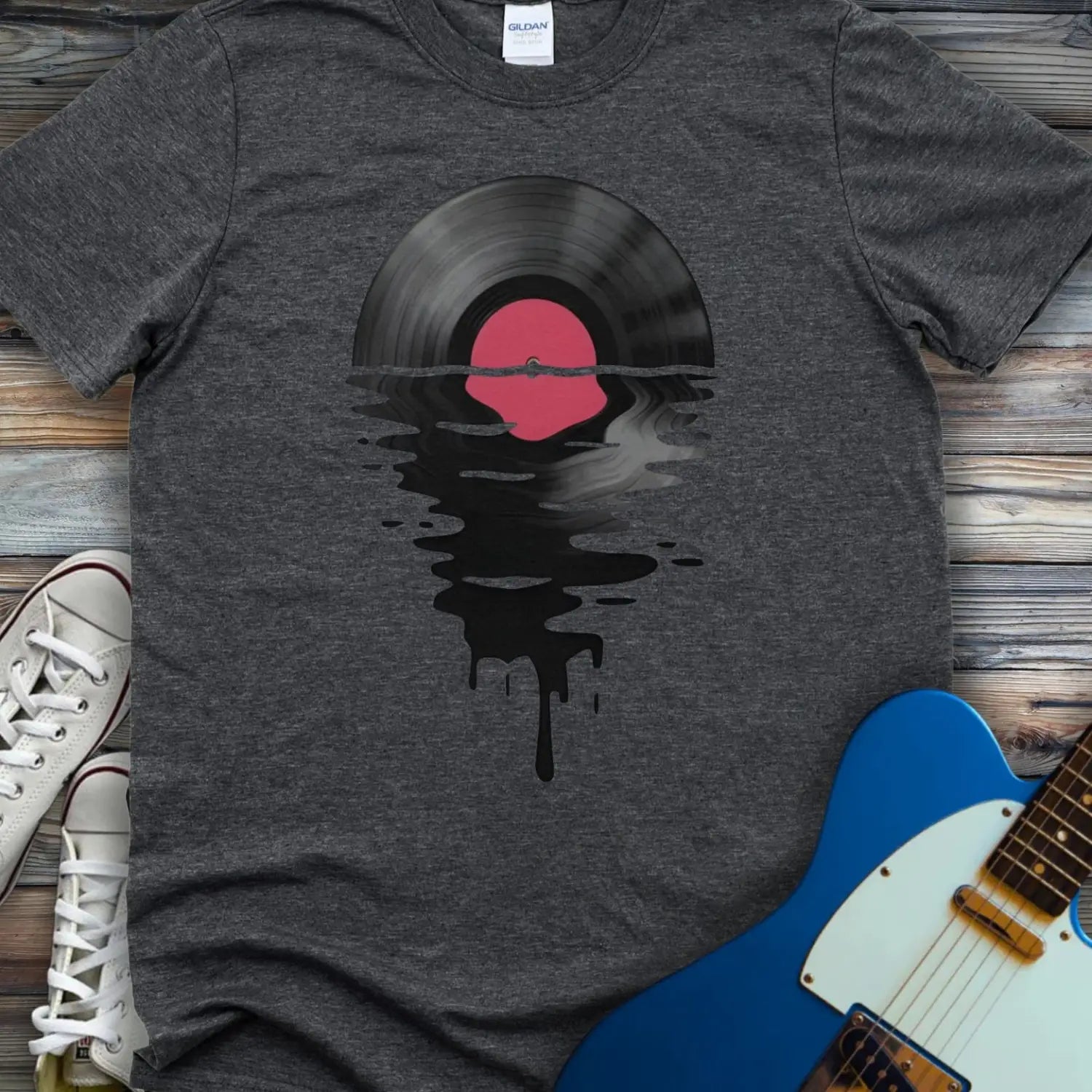 Melting Vinyl Record T-shirt - Dark Heather Grey / S - T-Shirt