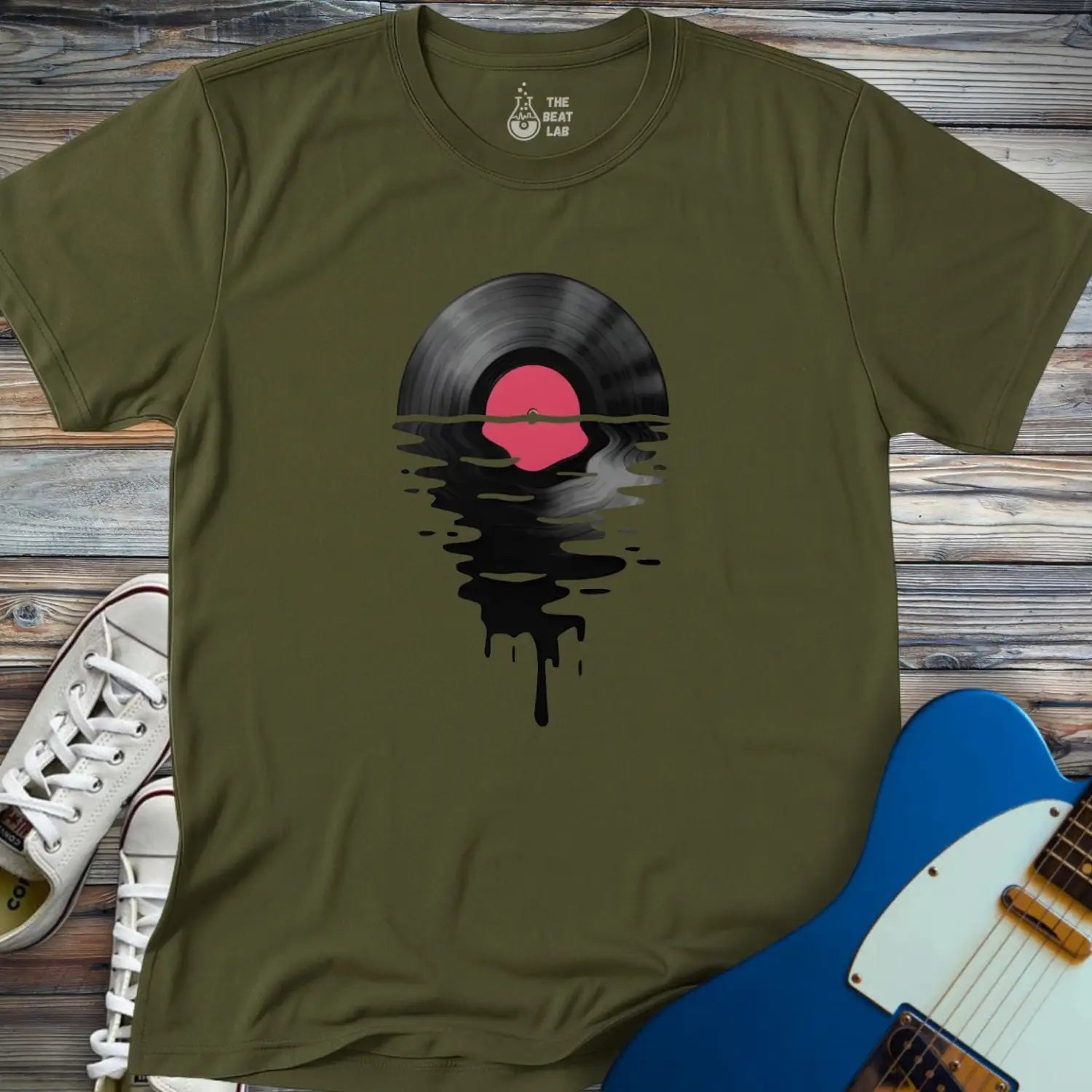 Melting Vinyl Record T-shirt - Military Green / S - T-Shirt