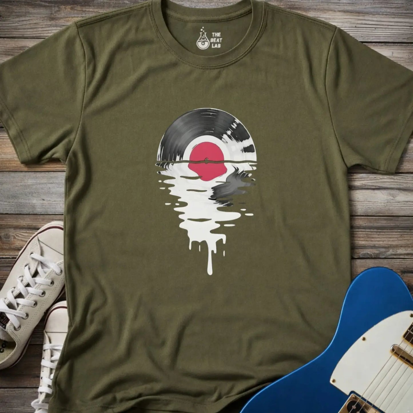 Melting Vinyl Record T-shirt - Military Green / S - T-Shirt
