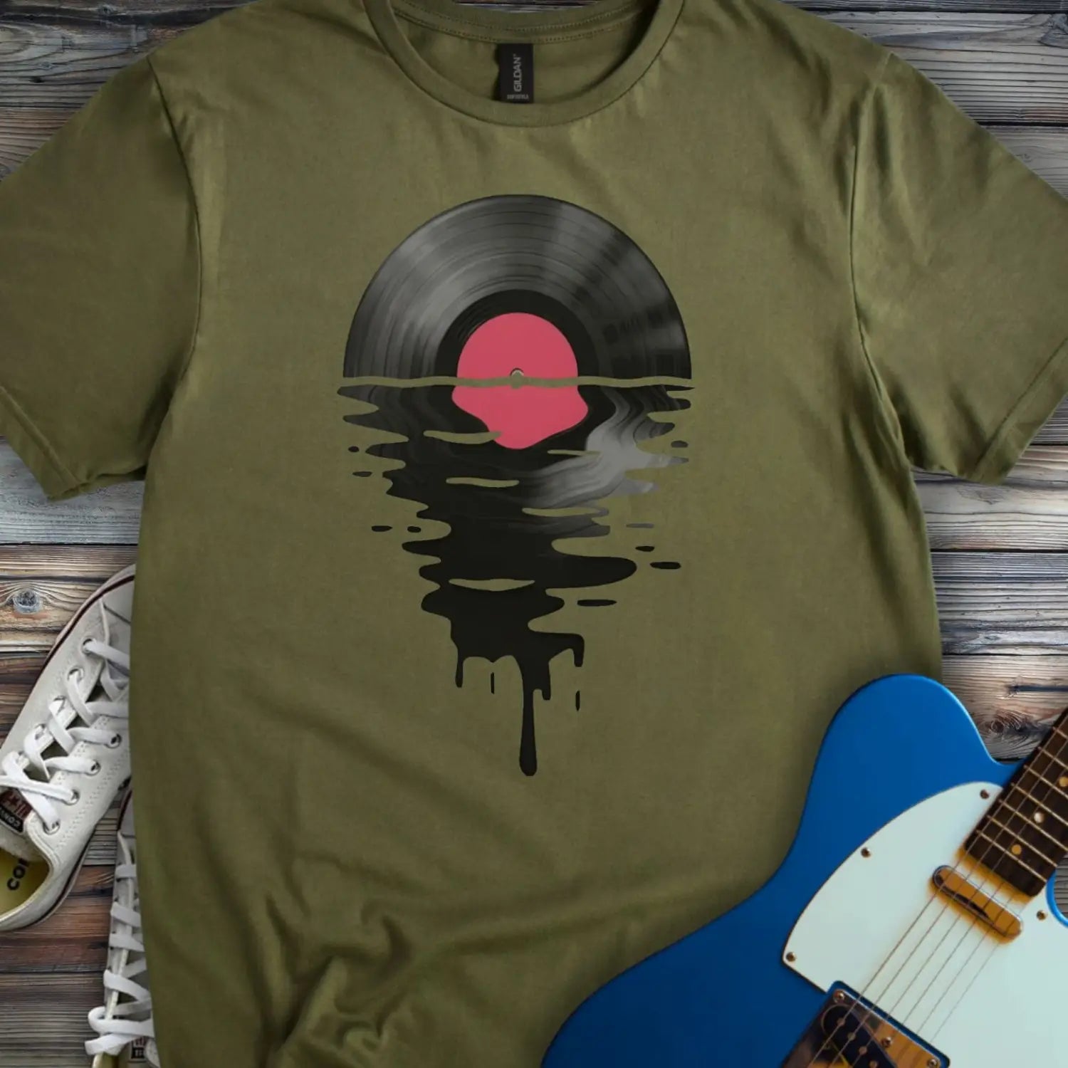 Melting Vinyl Record T-shirt - Military Green / S - T-Shirt