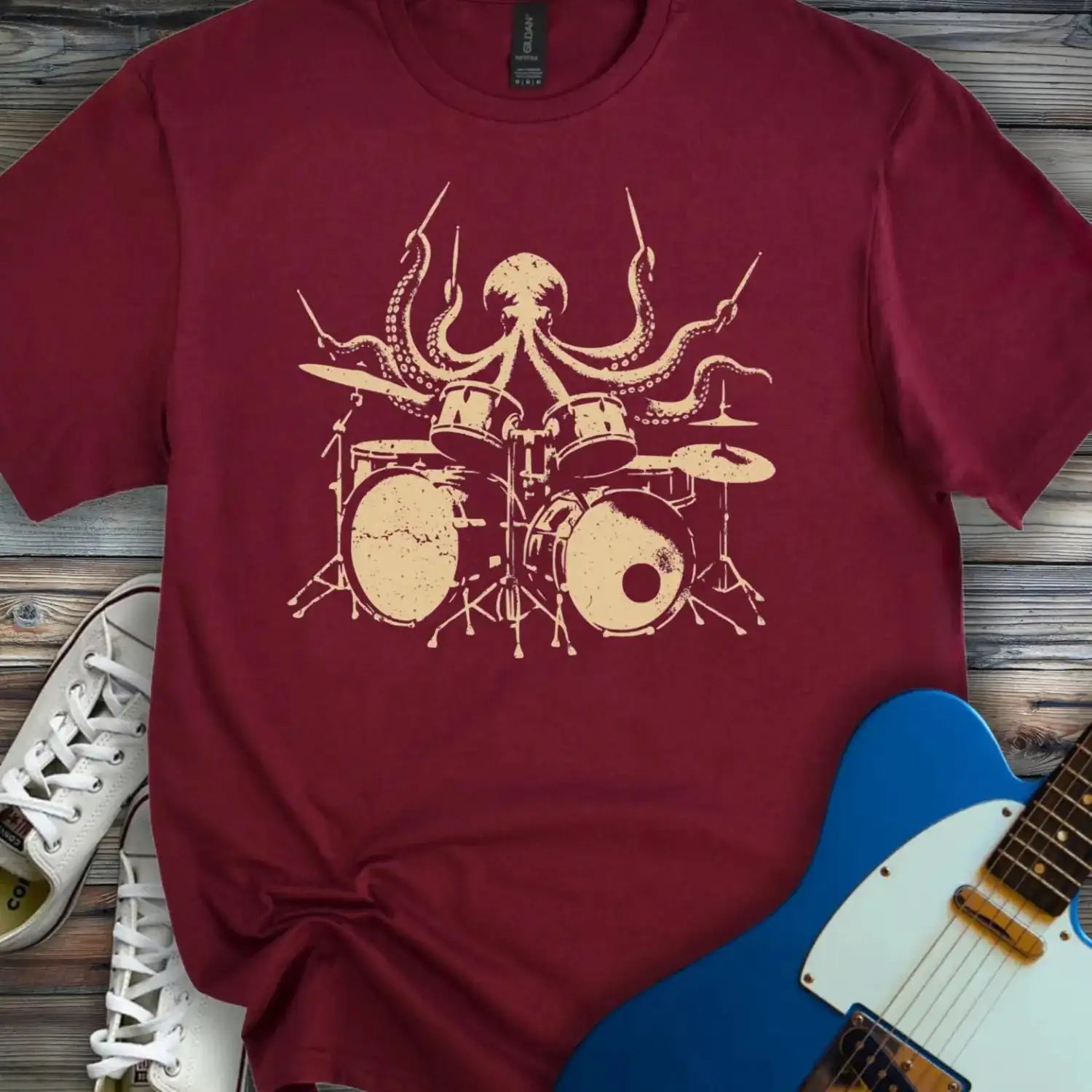 Octopus Drummer T-shirt Maroon