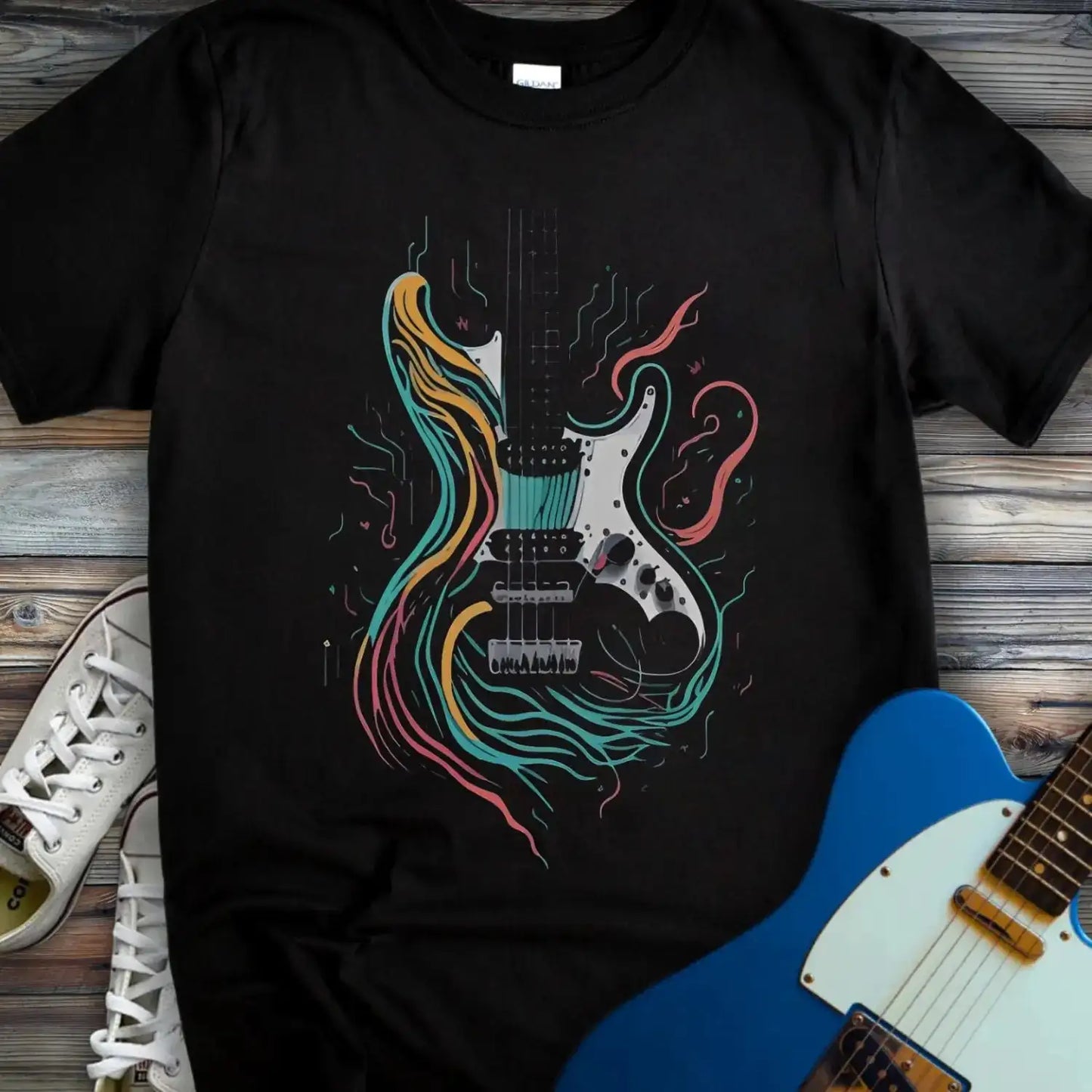 Psychedelic Electric Guitar T-shirt Black