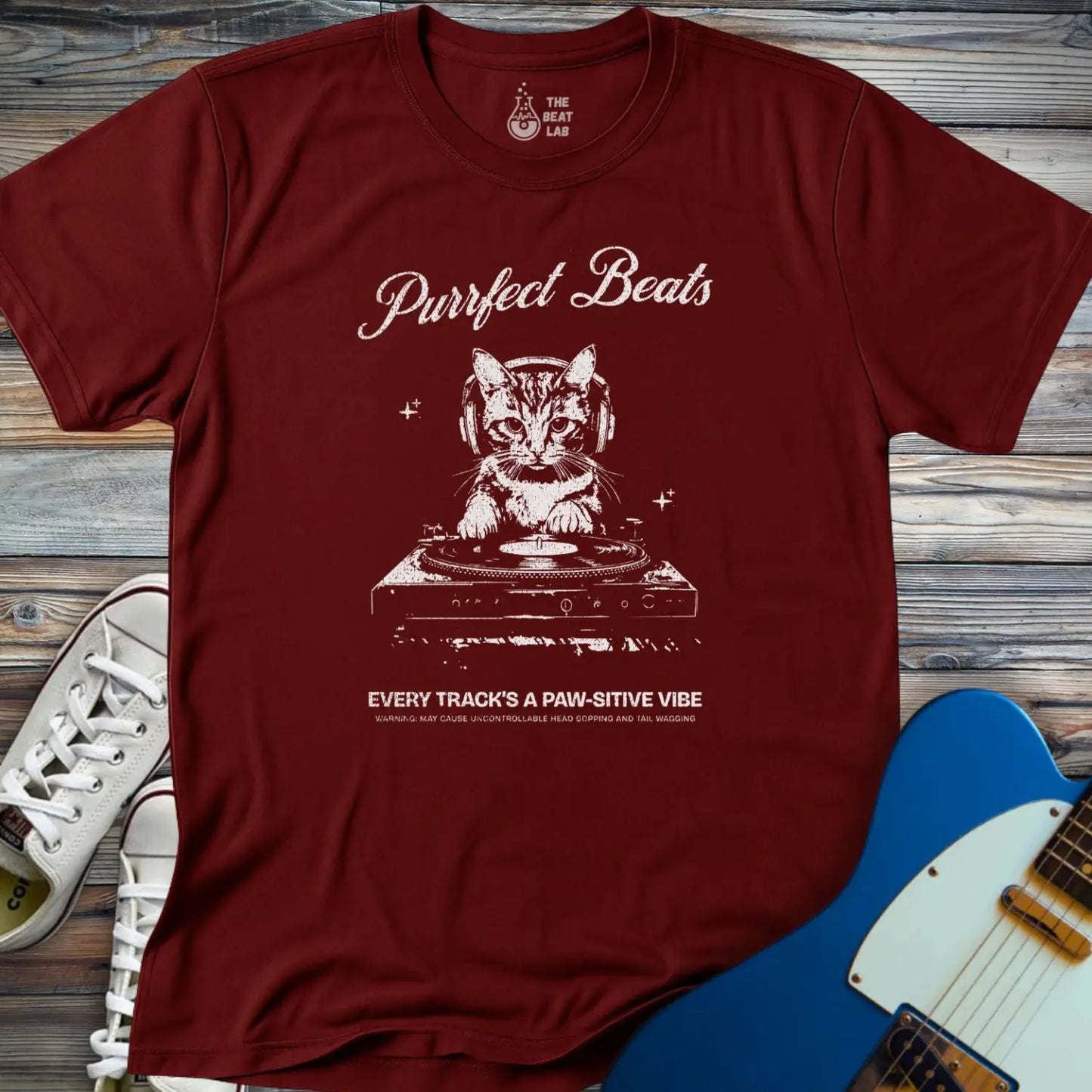 Purrfect Beats T-shirt - Maroon / S - T-Shirt