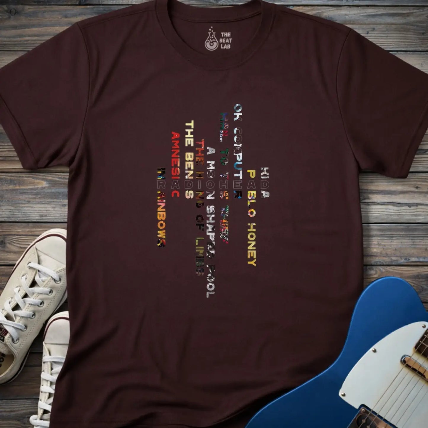 Dark chocolate color unisex adult shirt featuring Radiohead rock band Albums collage