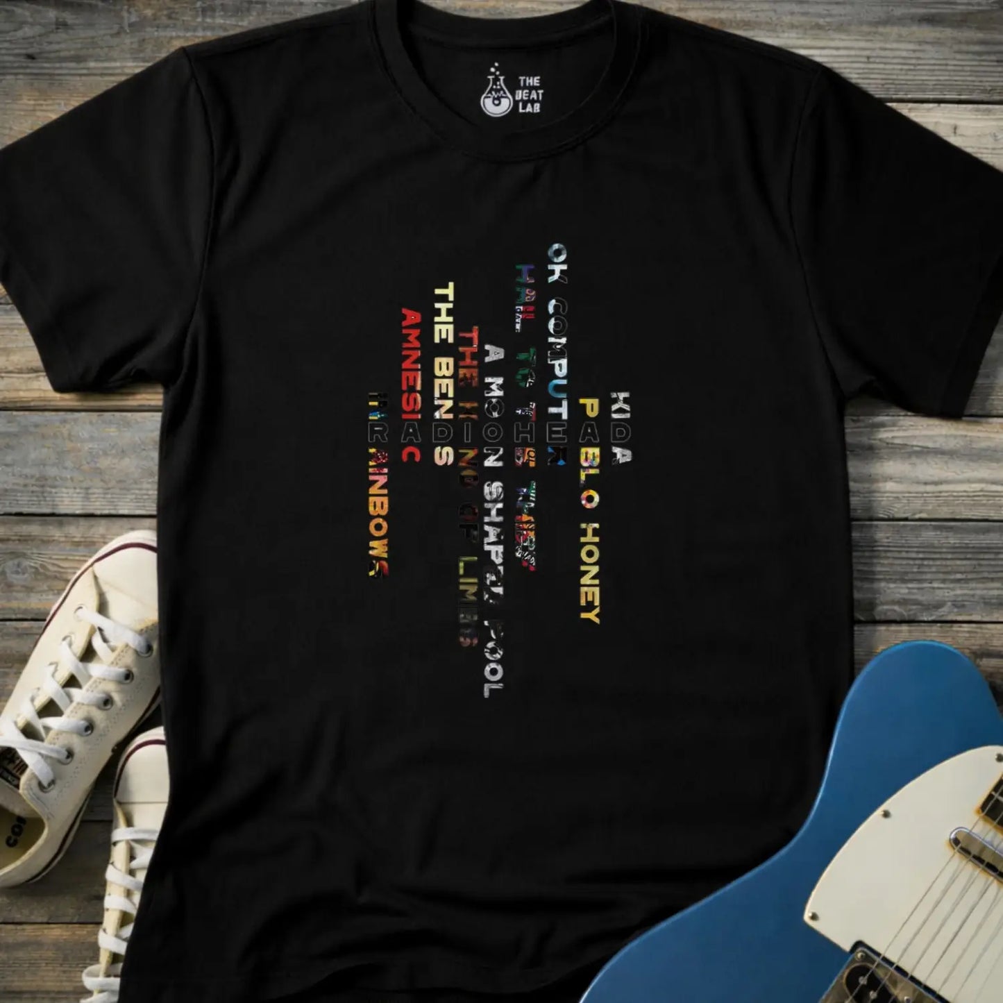 Black color unisex adult shirt featuring Radiohead rock band Albums collage