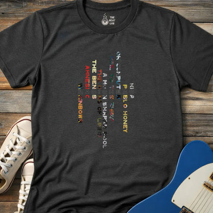Dark heather grey color unisex adult shirt featuring Radiohead rock band Albums collage