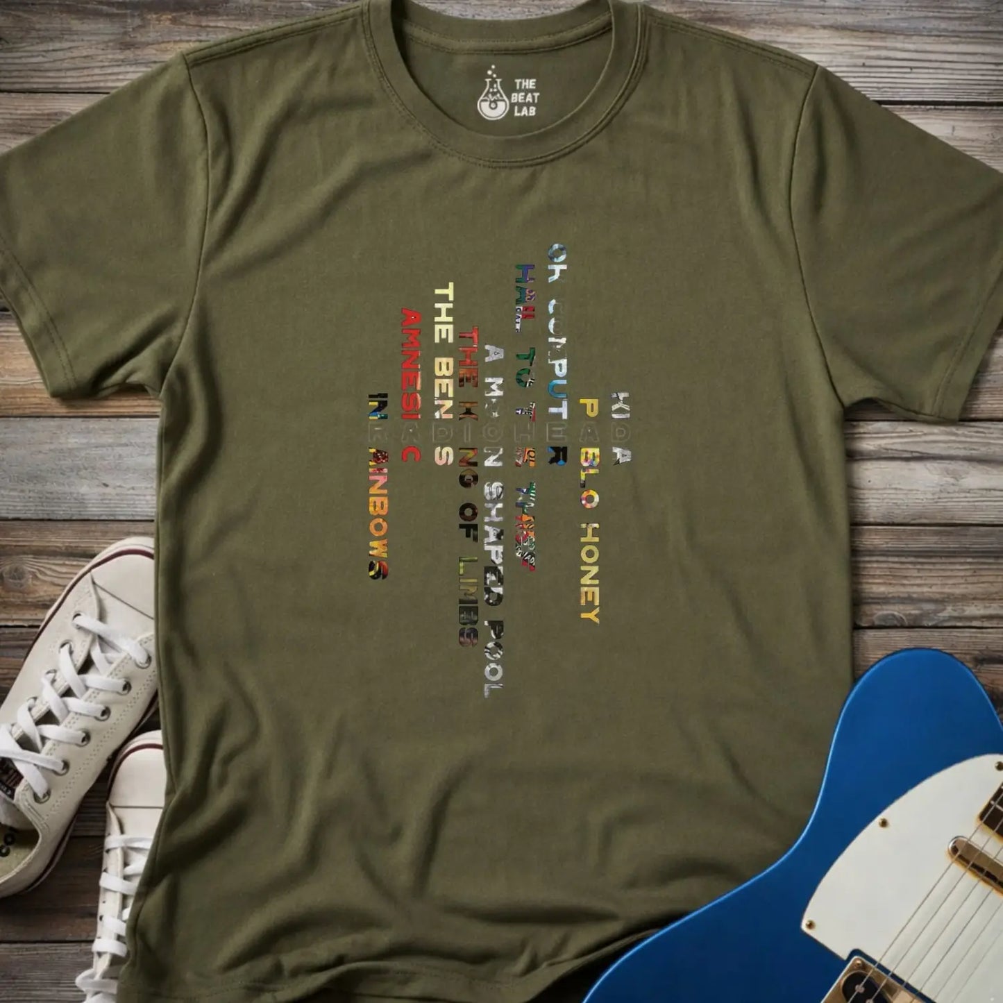Military green color unisex adult shirt featuring Radiohead rock band Albums collage