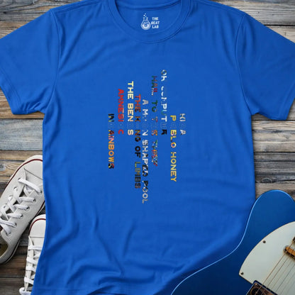 Royal blue color unisex adult shirt featuring Radiohead rock band Albums collage