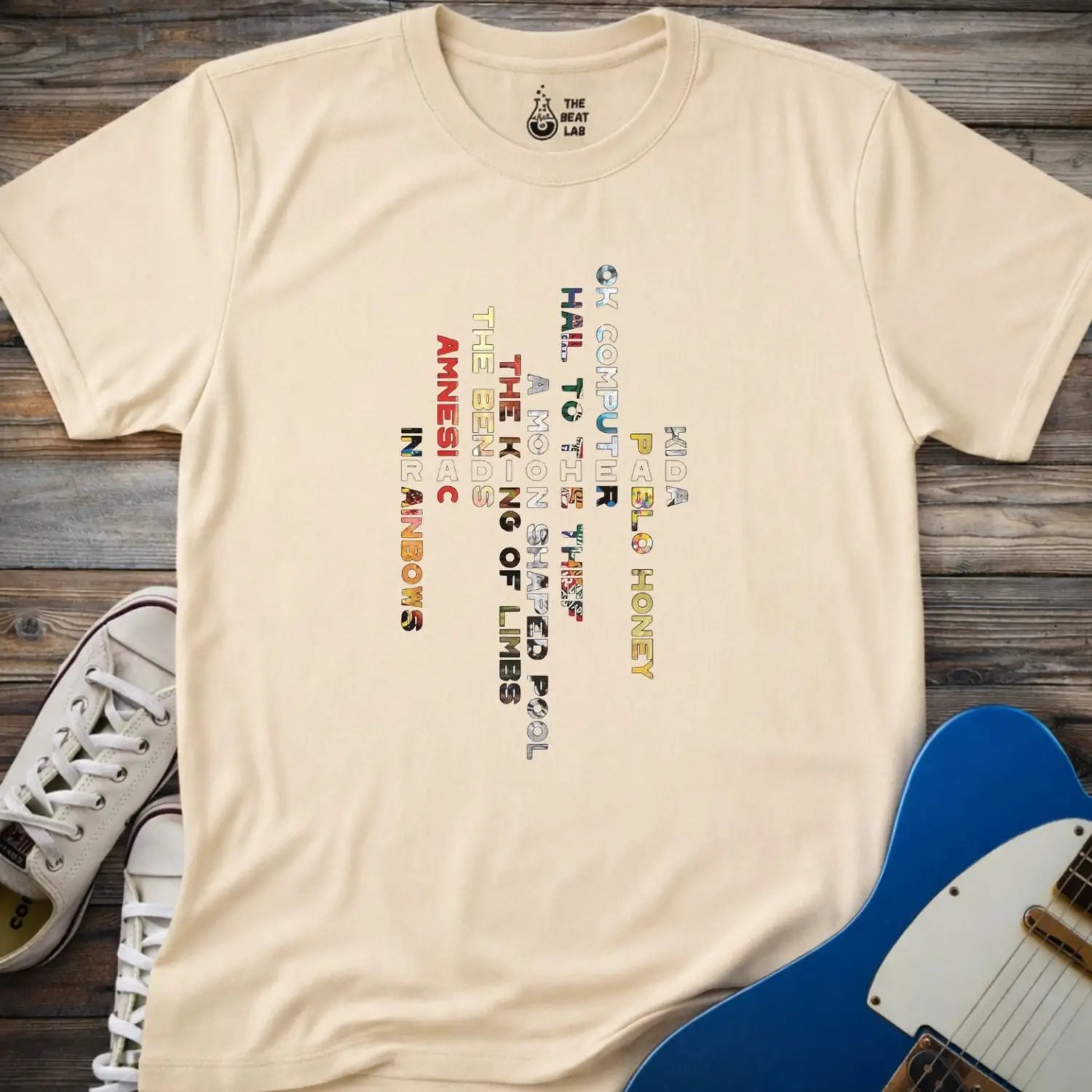 Sand beige color unisex adult shirt featuring Radiohead rock band Albums collage