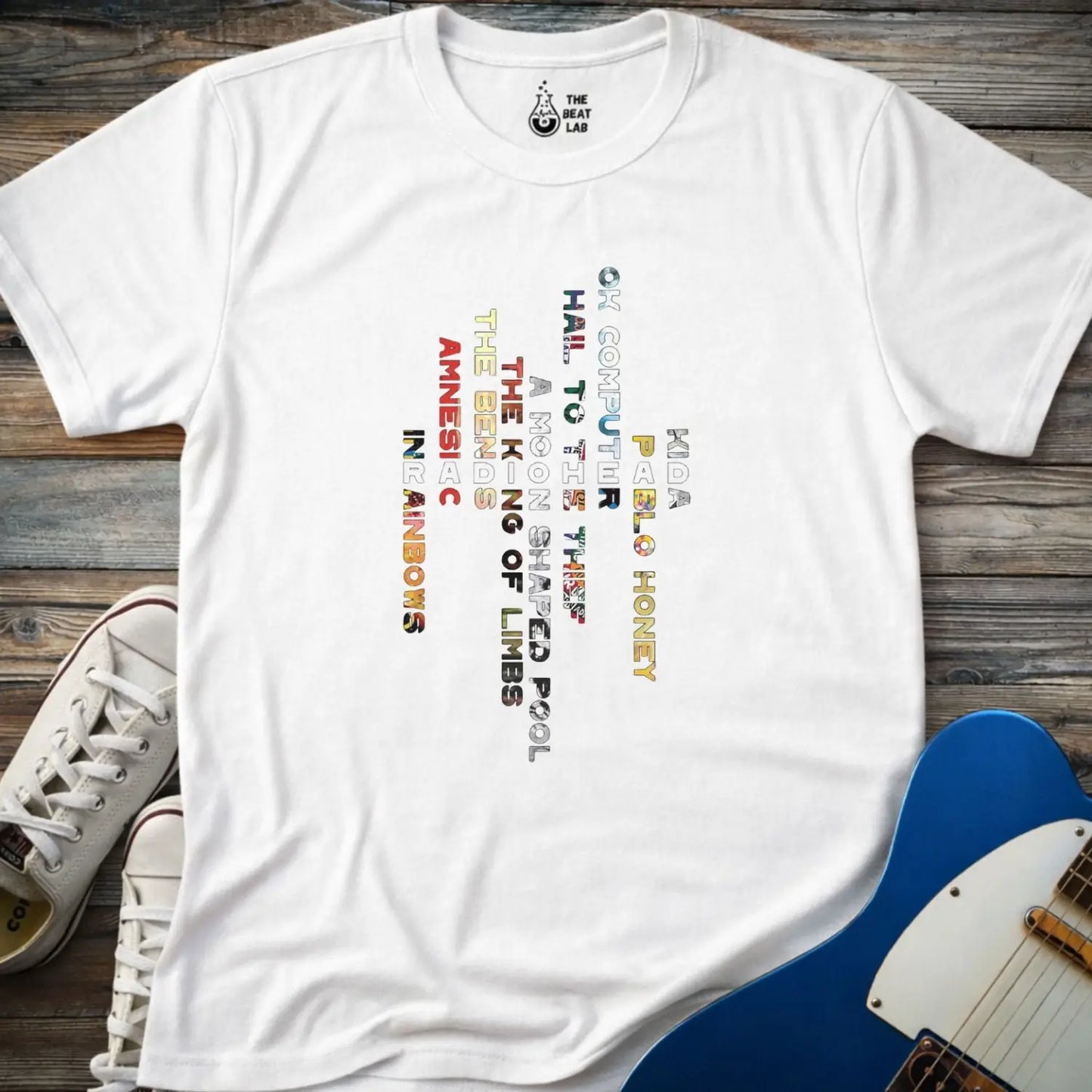 White color unisex adult shirt featuring Radiohead rock band Albums collage