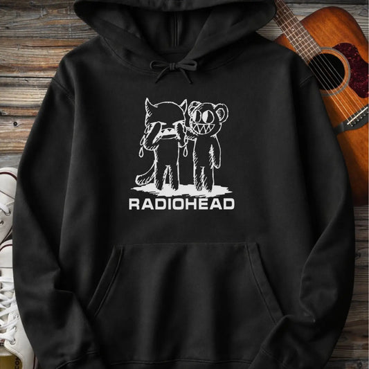 Black pullover men women gildan hoodie with white bear character artwork graphic and “Radiohead” text design.