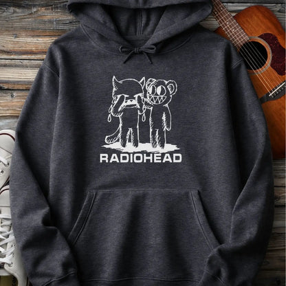 Dark heather grey men women pullover gildan hoodie with white bear character artwork graphic and “Radiohead” text design.