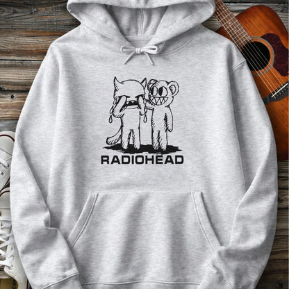 Sport Grey men women pullover gildan hoodie with white bear character artwork graphic and “Radiohead” text design.