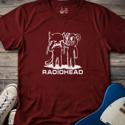 Maroon color of adult men women gildan 64000 shirt featuring radiohead bear artwork sketch, vintage metal bandwear tee