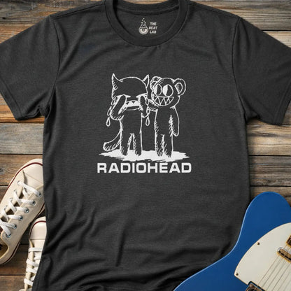 Military green color of adult men women gildan 64000 shirt featuring radiohead bear artwork sketch, vintage metal bandwear tee