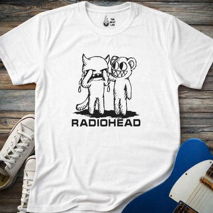 White color of adult men women gildan 64000 shirt featuring radiohead bear artwork sketch, vintage metal bandwear tee