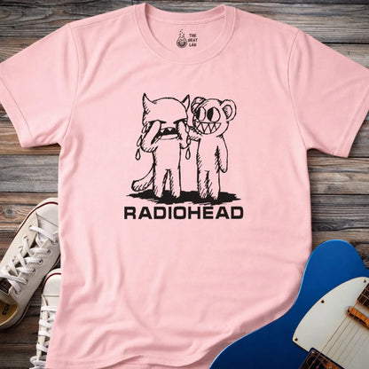Light pink color of adult men women gildan 64000 shirt featuring radiohead bear artwork sketch, vintage metal bandwear tee