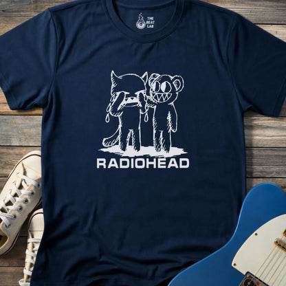 Navy blue color of adult men women gildan 64000 shirt featuring radiohead bear artwork sketch, vintage metal bandwear tee