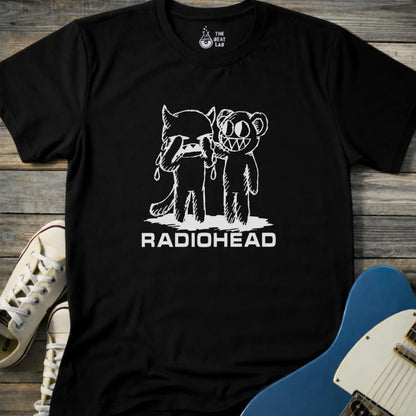 Black color of adult men women gildan 64000 shirt featuring radiohead bear artwork sketch, vintage metal bandwear tee