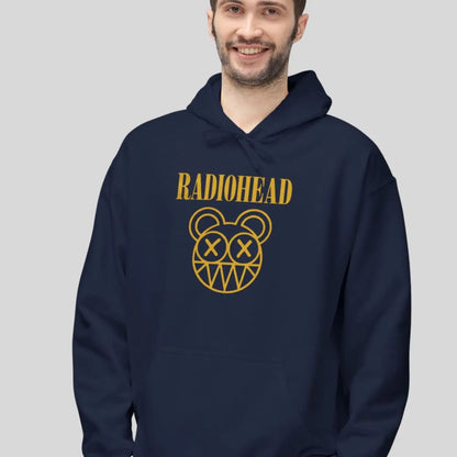 Man wearing navy blue color of adult pullover fleece Gildan hoodie featuring vintage radiohead rock band music logo