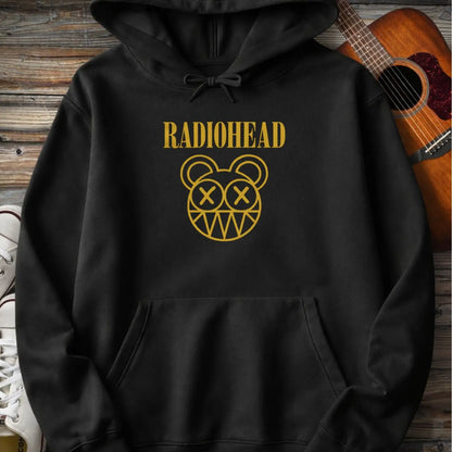 Black color of adult men women pullover fleece Gildan hoodie featuring vintage radiohead rock band music logo