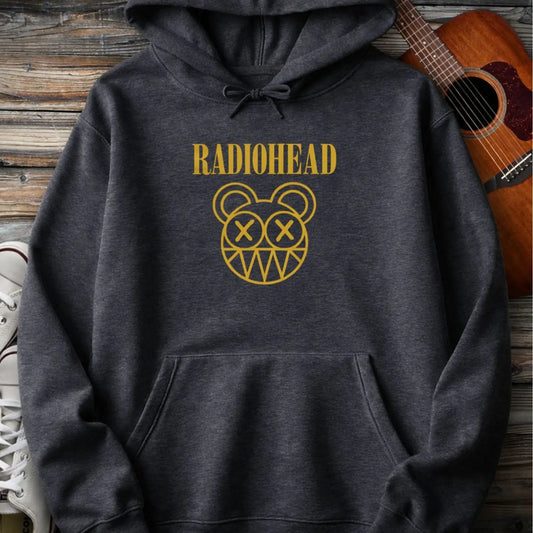 Dark heather grey color of adult men women pullover fleece Gildan hoodie featuring vintage radiohead rock band music logo