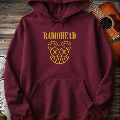 Maroon red color of adult men women pullover fleece Gildan hoodie featuring vintage radiohead rock band music logo