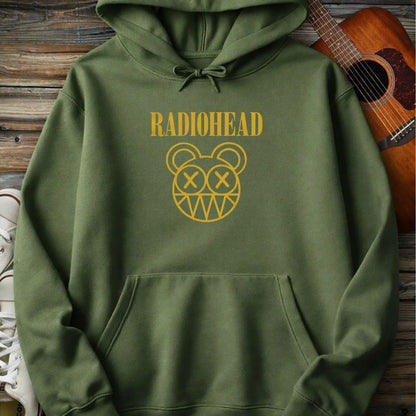 Military green color of adult men women pullover fleece Gildan hoodie featuring vintage radiohead rock band music logo