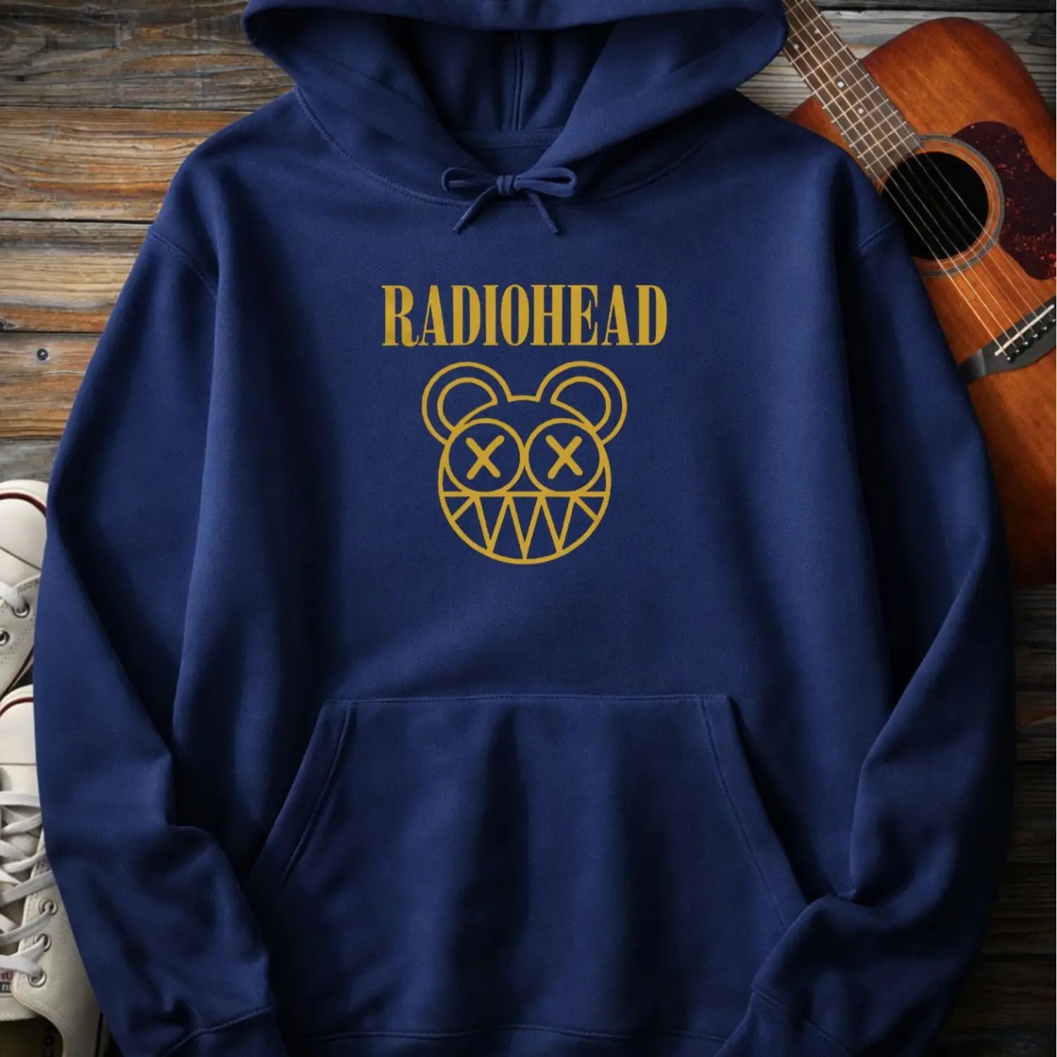 Navy blue color of adult men women pullover fleece Gildan hoodie featuring vintage radiohead rock band music logo