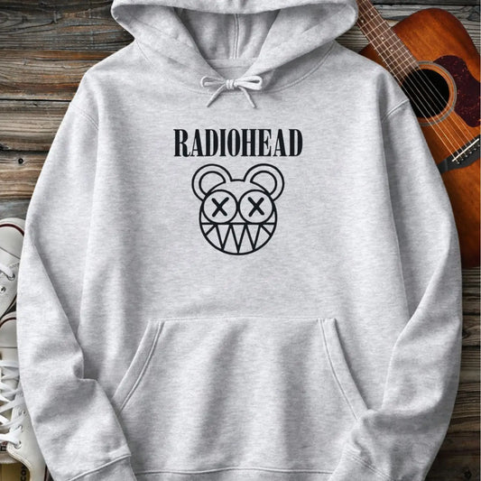 Sport grey color of adult men women pullover fleece Gildan hoodie featuring vintage radiohead rock band music logo