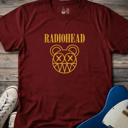 Maroon adult unisex Radiohead band logo gildan 64000 t-shirt with clean rock typography centered on the chest for minimalist music merch style