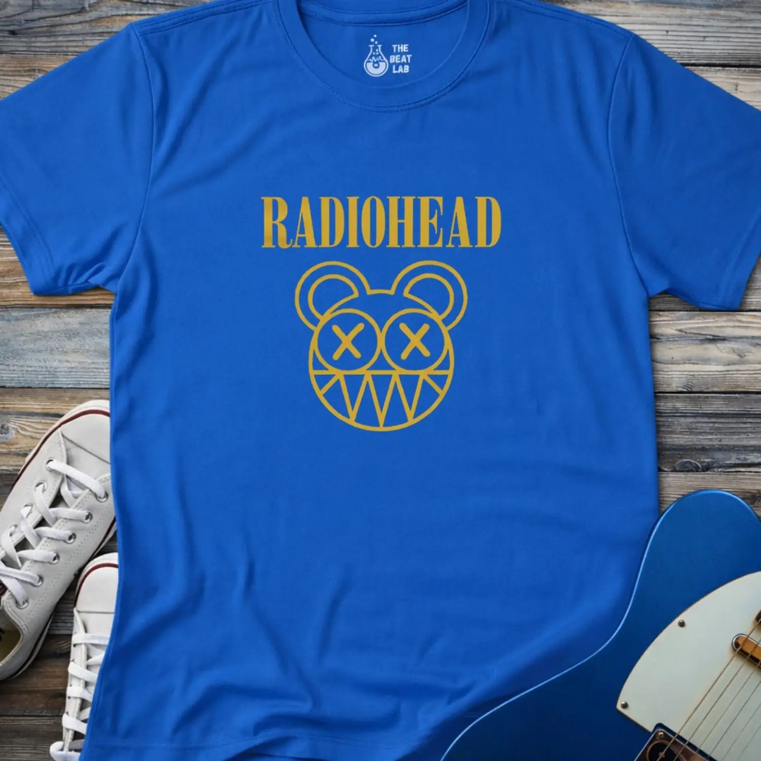 Royal adult unisex Radiohead band logo gildan 64000 t-shirt with clean rock typography centered on the chest for minimalist music merch style