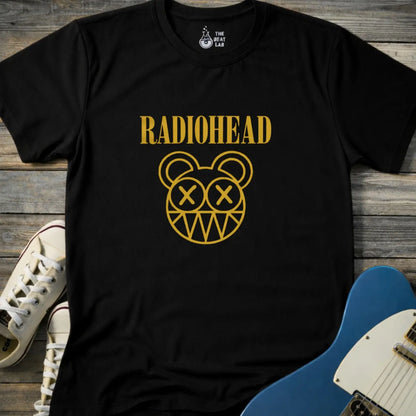 Black adult unisex Radiohead band logo gildan 64000 t-shirt with clean rock typography centered on the chest for minimalist music merch style