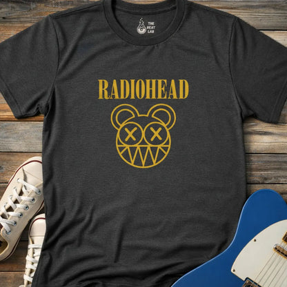 Dark heather grey adult unisex Radiohead band logo gildan 64000 t-shirt with clean rock typography centered on the chest for minimalist music merch style
