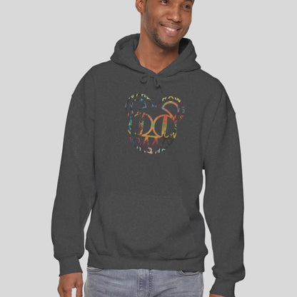 Man Person wearing a dark heather color hoodie of Radiohead bear logo collage with the iconic cartoon bear head combined with colorful album-inspired artwork for rock fans