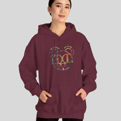 Woman Person wearing a maroon red hoodie of Radiohead bear logo collage with the iconic cartoon bear head combined with colorful album-inspired artwork for rock fans