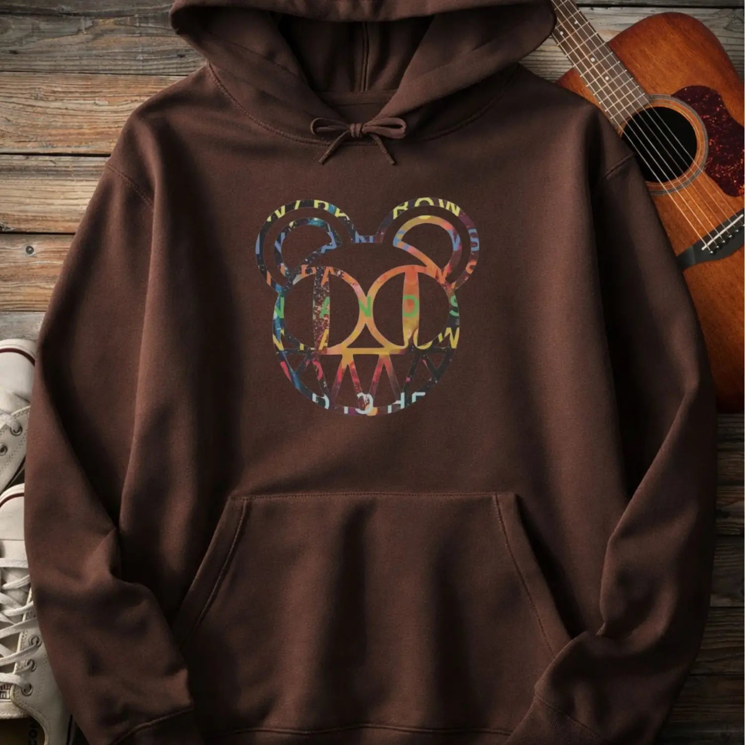Dark chocolate color of men women pullover fleece Gildan SF500 hoodie featuring radiohead bear logo, vintage rock band music hoodie