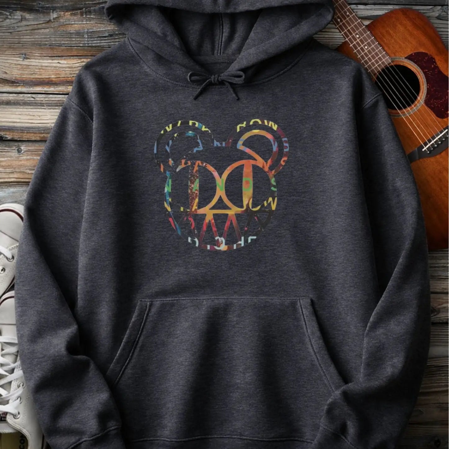 Dark heather grey color of men women pullover fleece Gildan SF500 hoodie featuring radiohead bear logo, vintage rock band music hoodie