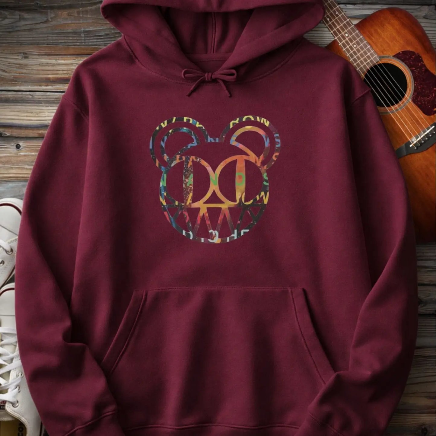 Maroon red color of men women pullover fleece Gildan SF500 hoodie featuring radiohead bear logo, vintage rock band music hoodie