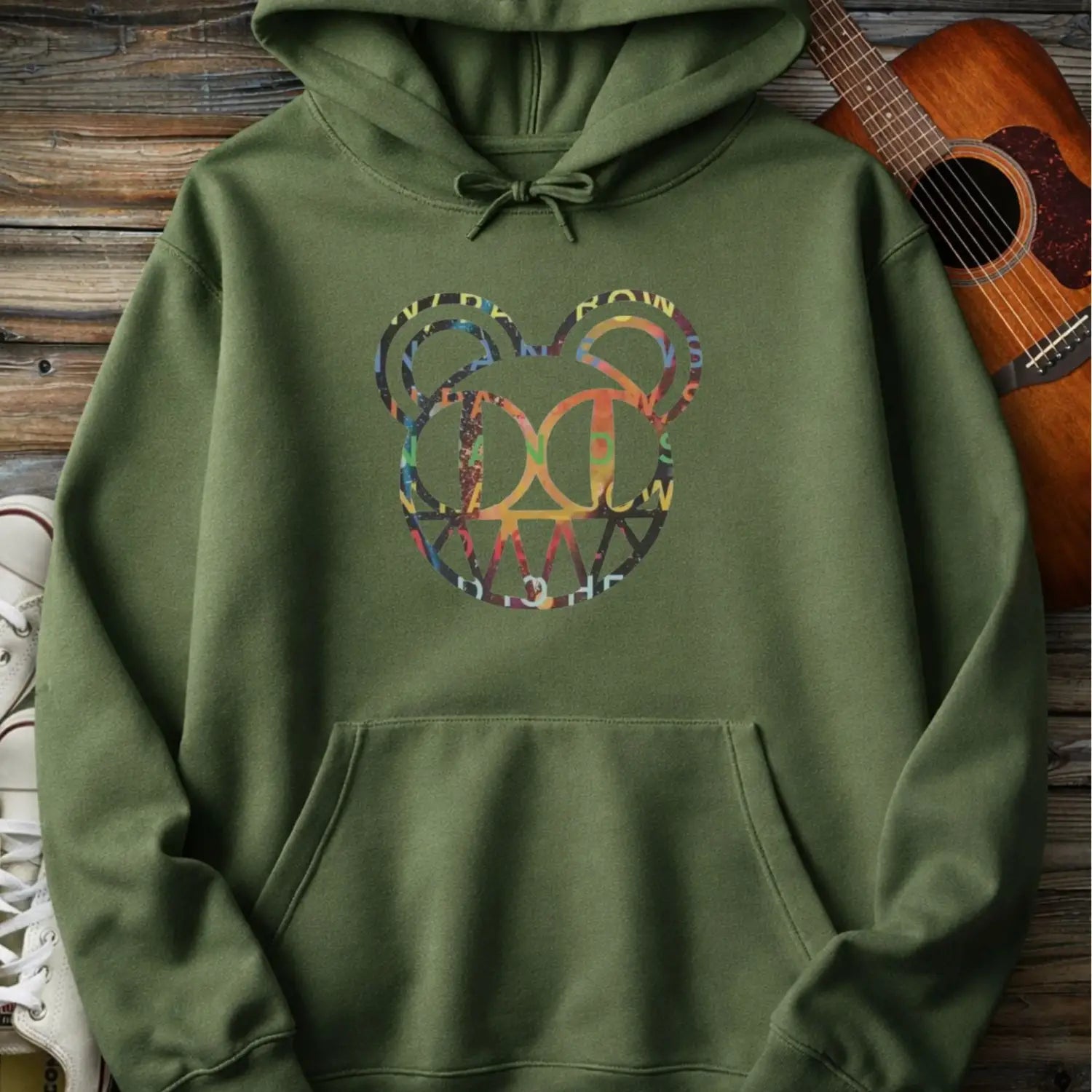 Military green color of men women pullover fleece Gildan SF500 hoodie featuring radiohead bear logo, vintage rock band music hoodie