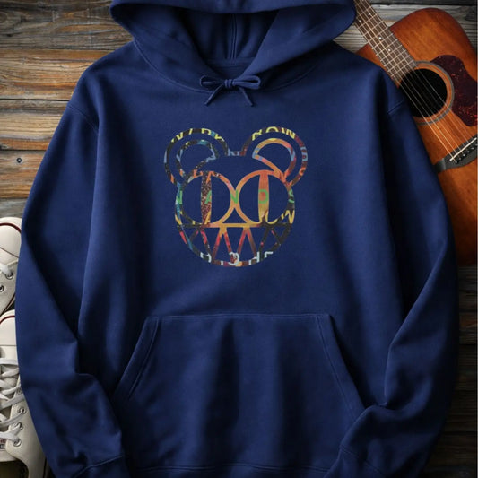 Navy blue color of men women pullover fleece Gildan SF500 hoodie featuring radiohead bear logo, vintage rock band music hoodie