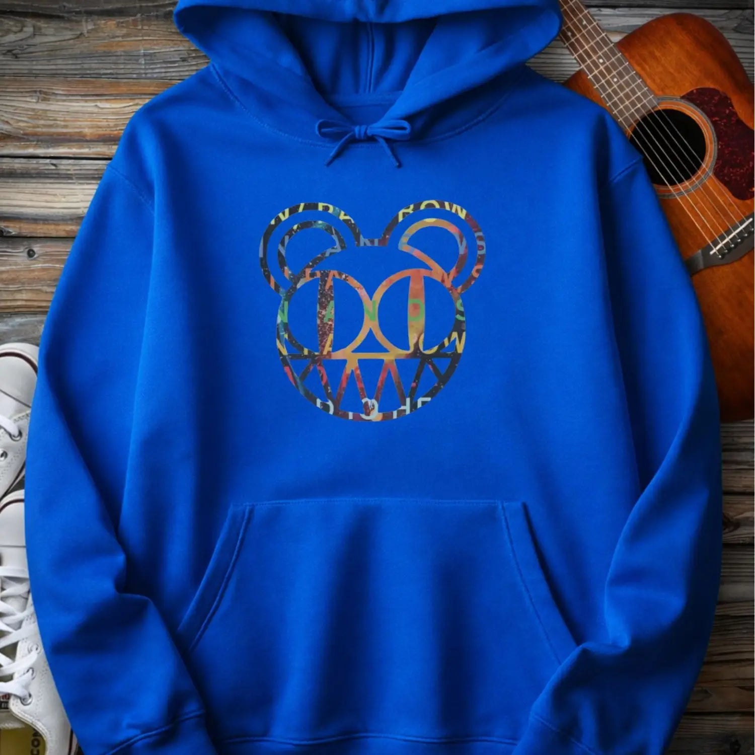 Royal blue color of men women pullover fleece Gildan SF500 hoodie featuring radiohead bear logo, vintage rock band music hoodie