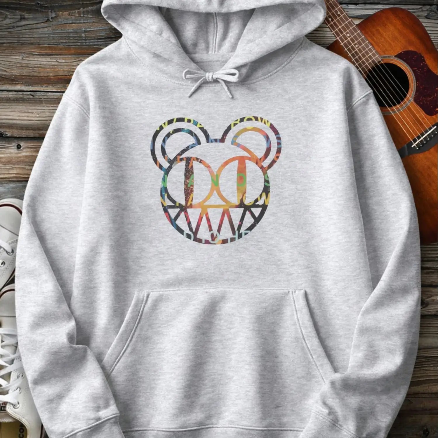 Sport grey color of men women pullover fleece Gildan SF500 hoodie featuring radiohead bear logo, vintage rock band music hoodie