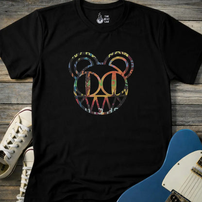 Black unisex color Radiohead bear logo collage t-shirt with the iconic cartoon bear head combined with colorful album-inspired artwork for rock fans.