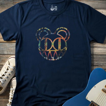 Navy blue unisex color Radiohead bear logo collage t-shirt with the iconic cartoon bear head combined with colorful album-inspired artwork for rock fans.