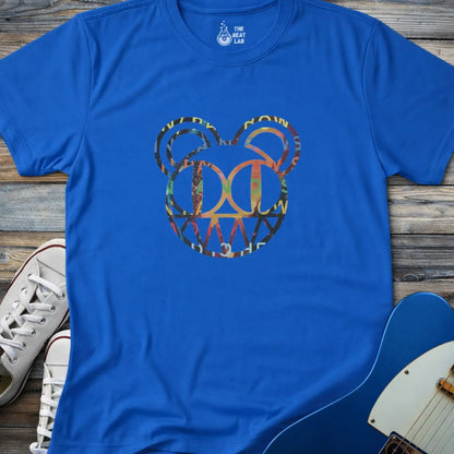 Royal blue unisex color Radiohead bear logo collage t-shirt with the iconic cartoon bear head combined with colorful album-inspired artwork for rock fans.