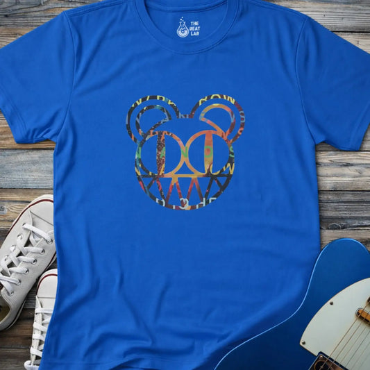 Royal blue unisex color Radiohead bear logo collage t-shirt with the iconic cartoon bear head combined with colorful album-inspired artwork for rock fans.