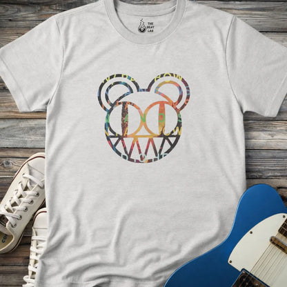 Sport grey unisex color Radiohead bear logo collage t-shirt with the iconic cartoon bear head combined with colorful album-inspired artwork for rock fans.